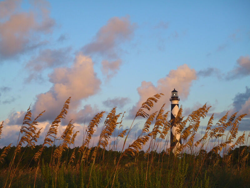 The image shows a lighthouse standing tall amidst a field of tall grass, with a backdrop of a blue sky dotted with fluffy clouds. The lighthouse is painted with a distinctive black and white pattern. The scene is bathed in soft, warm light, possibly during sunrise or sunset, which enhances the colors of the grass and clouds, creating a serene and picturesque coastal landscape.